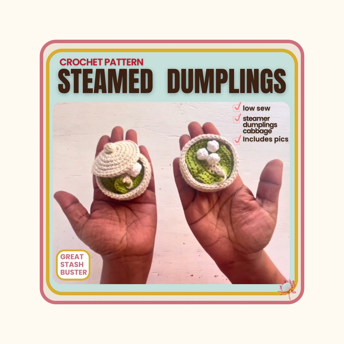 Steamer, dumplings and cabbage leaf Crochet Pattern. Dollhouse size