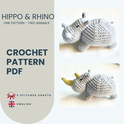 No Sew Hippo & Rhino Crochet Pattern Pattern 3Stitches   