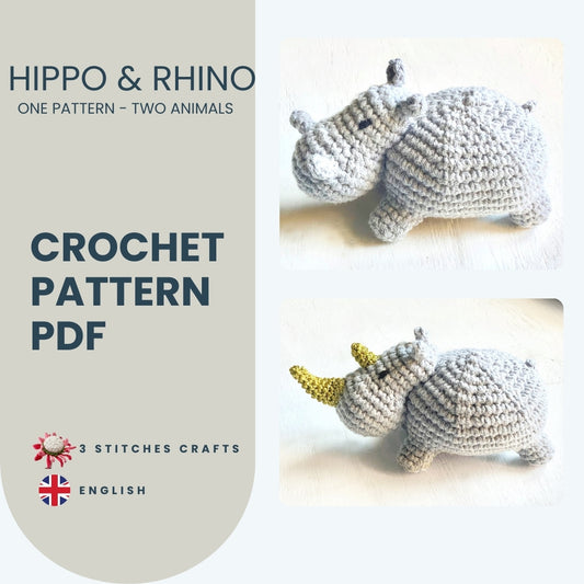 Mobile-sized Hippo & Bonus Rhino Crochet Pattern Pattern 3Stitches   