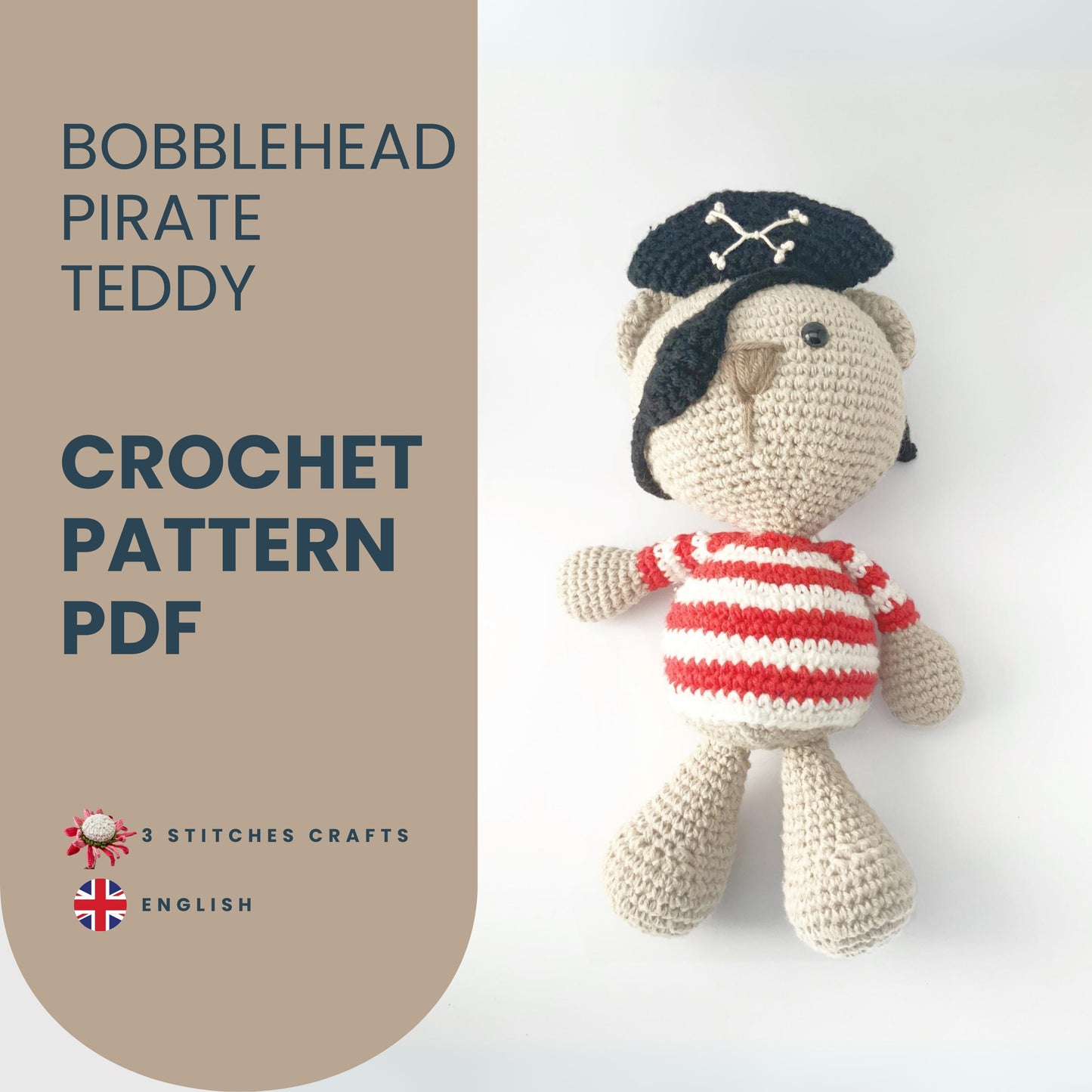 Bobblehead Pirate Teddy Crochet Pattern Pattern 3Stitches   
