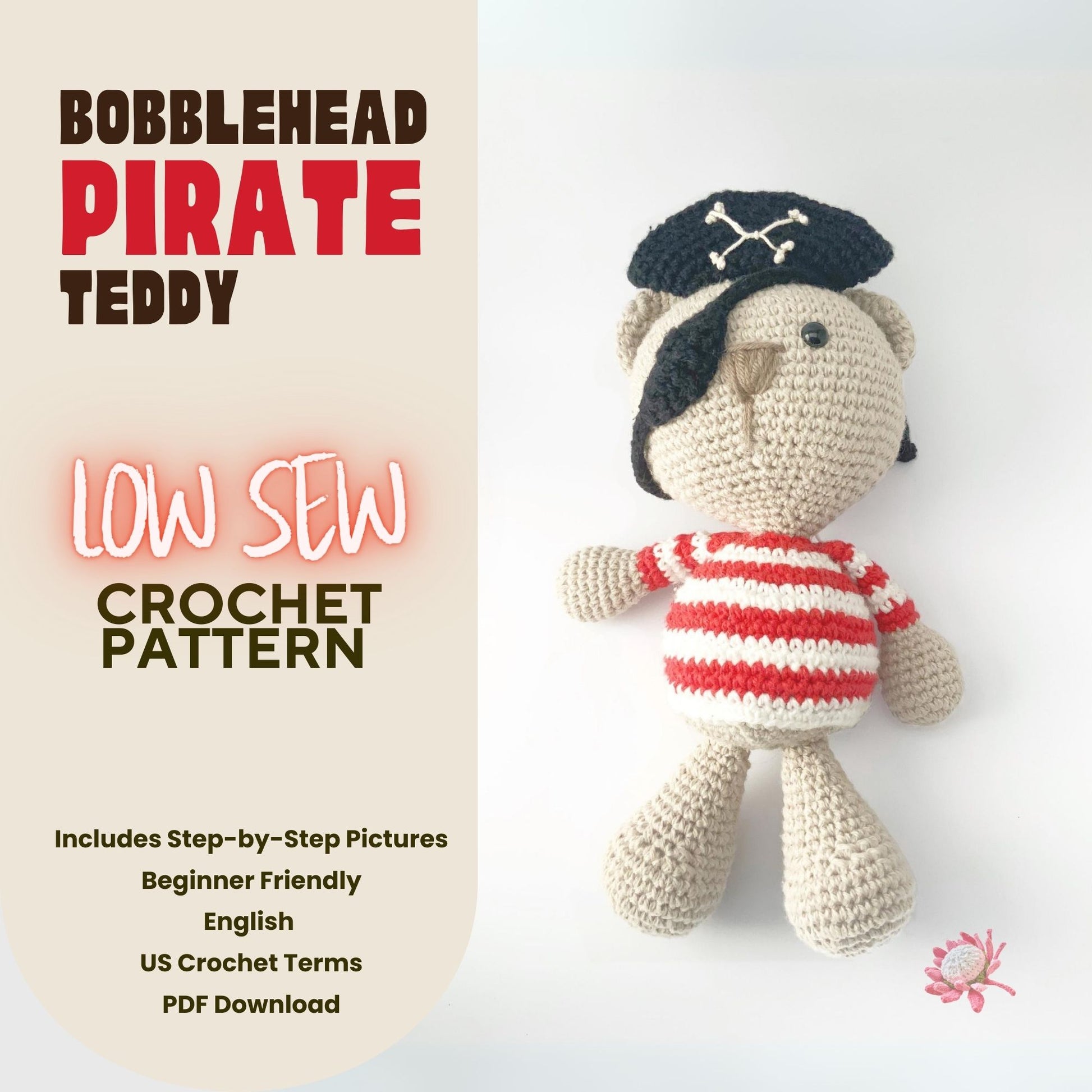 Bobblehead Pirate Teddy Crochet Pattern Pattern 3Stitches   