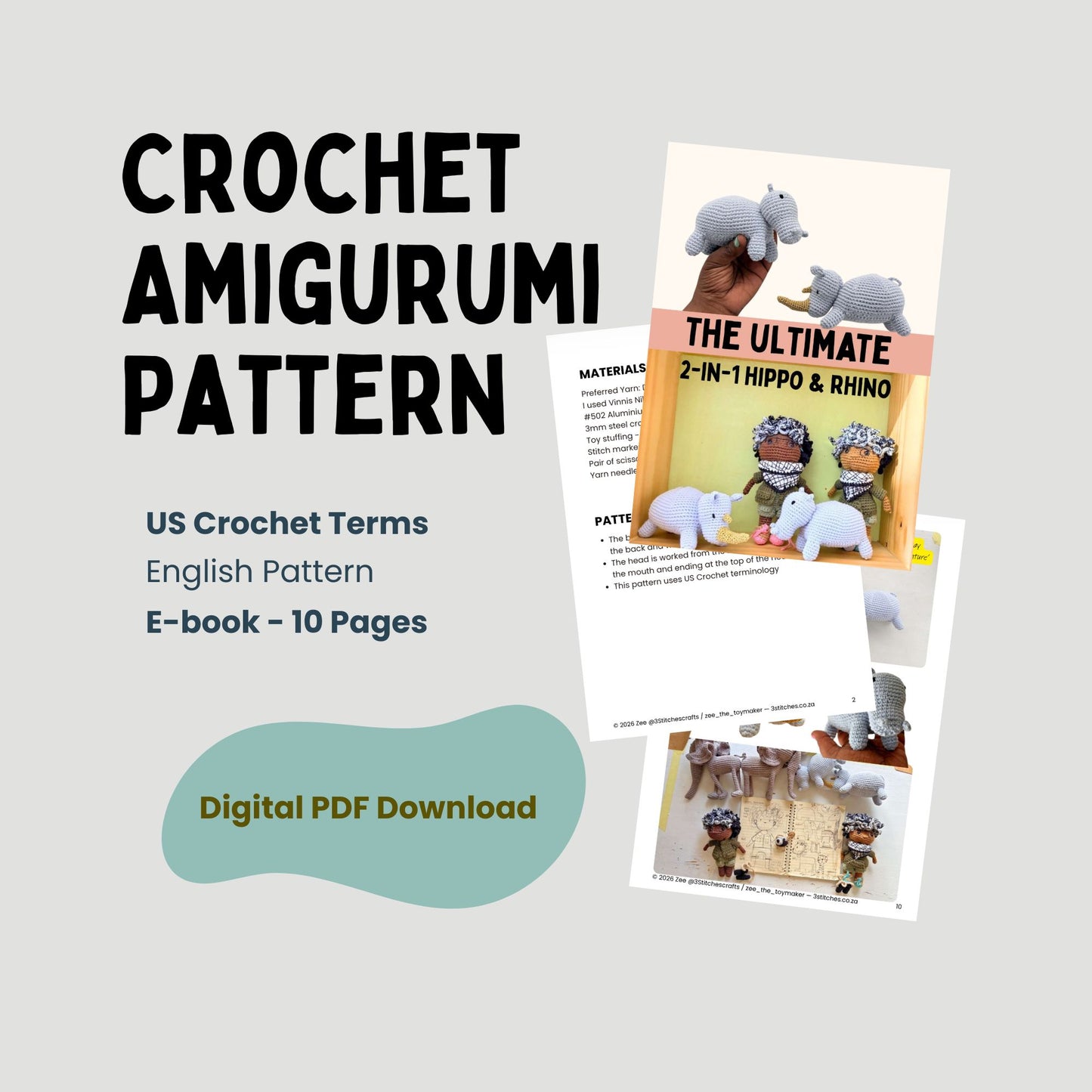 Hippo & Rhino 2-in-1 Crochet Pattern