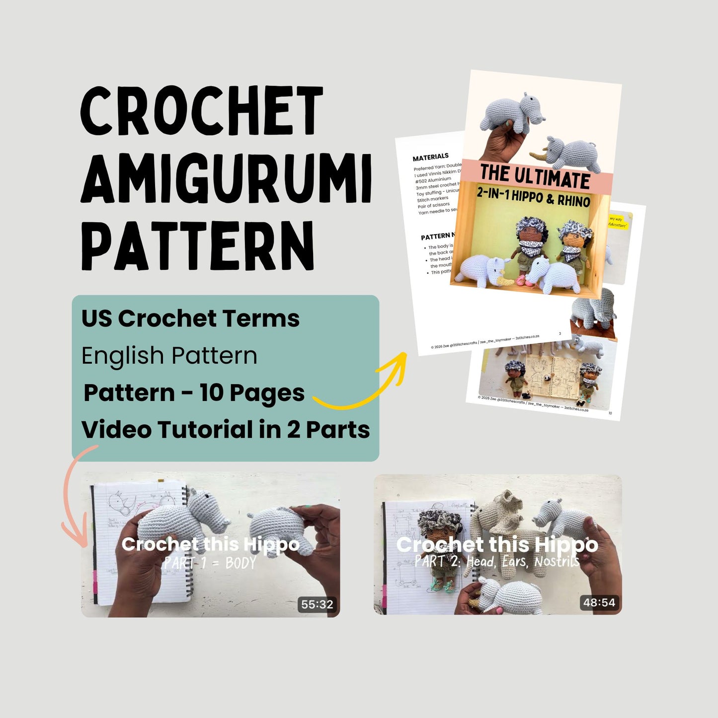 Hippo & Rhino: 2-in-1 Crochet Pattern and Video